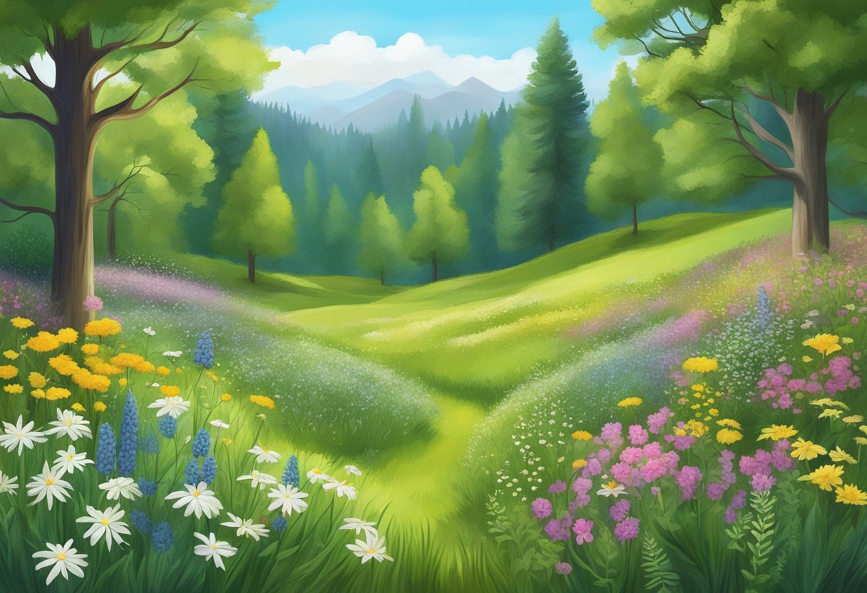 A serene meadow with various herbs and flowers, specifically targeting headache relief, surrounded by a tranquil forest