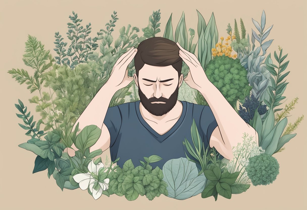 A person holding their head in pain, surrounded by various herbs and plants commonly used for headache relief