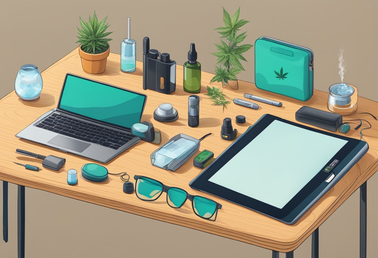 A table with various CBD vaporizers and accessories laid out for use