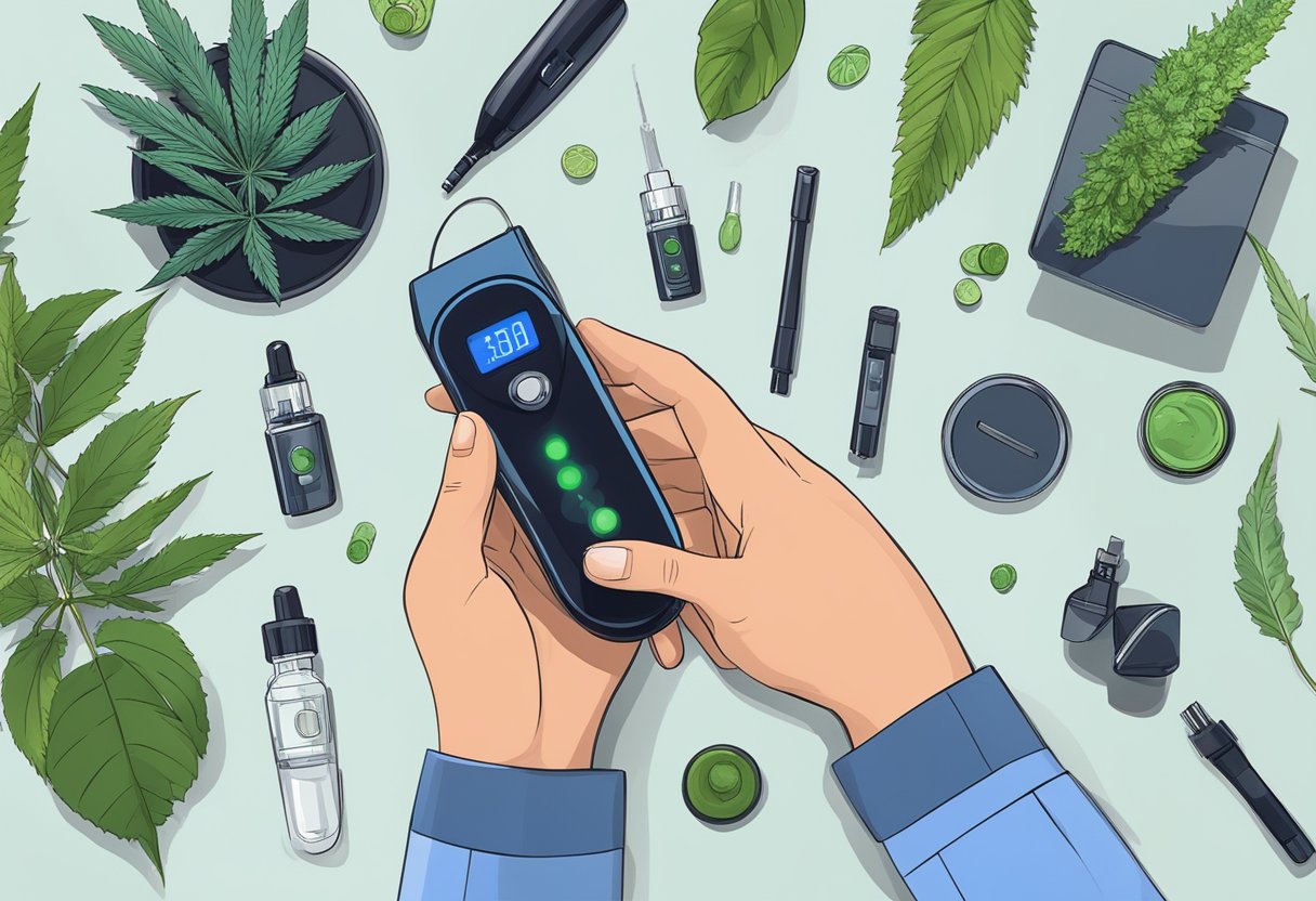 A hand holding a vaporizer with a selection of CBD products in the background. The vaporizer is sleek and modern, with a digital display and adjustable temperature settings