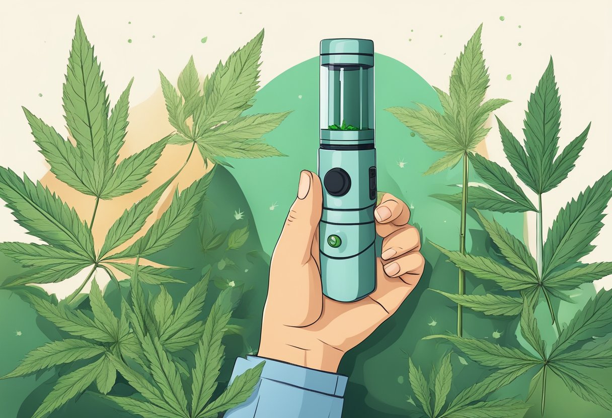 A hand holding a vaporizer with CBD oil, surrounded by cannabis leaves and a calming atmosphere