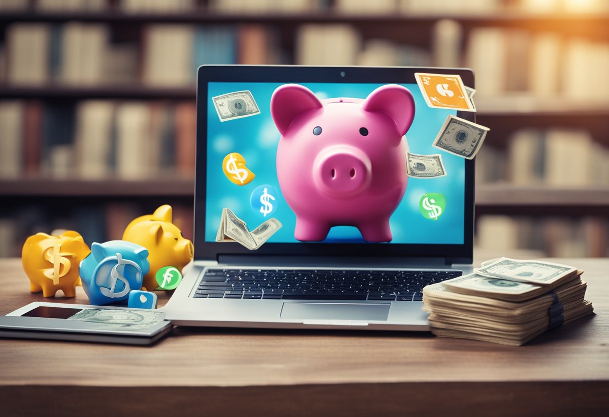 A laptop with social media icons and a dollar sign, surrounded by books and a piggy bank, symbolizing online money-making for teens