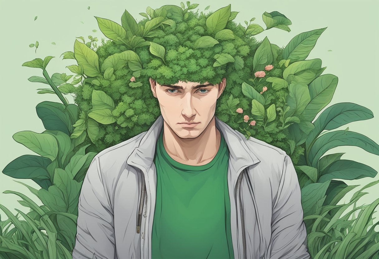 Lush green plants surround a throbbing head