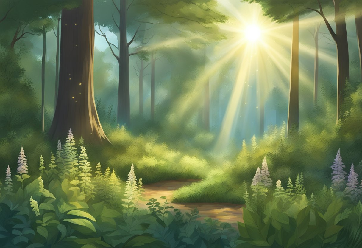 A serene forest clearing with various medicinal herbs growing, specifically targeting headache relief. Sunlight filters through the trees, casting a calming glow on the plants