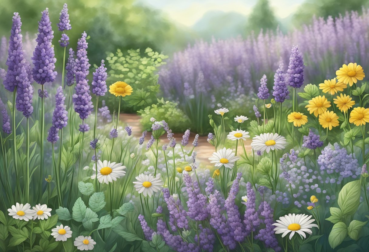 A serene garden with a variety of medicinal herbs, specifically those known for their pain-relieving properties, such as lavender, peppermint, and chamomile