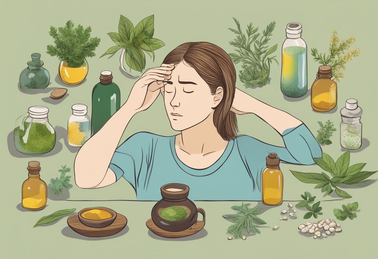 A person holding their head in pain with a variety of herbal remedies for headaches surrounding them
