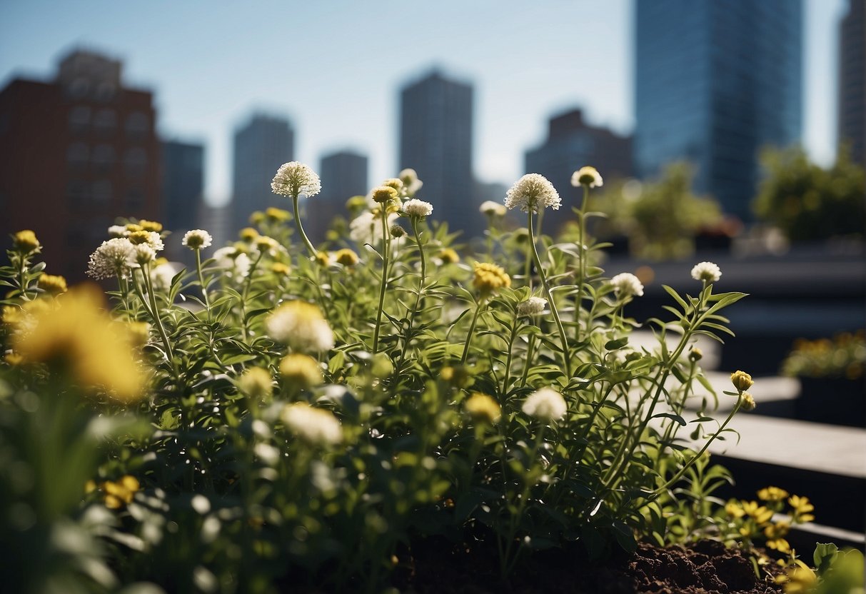 Lush plants and flowers thrive in a rooftop garden, surrounded by city buildings and a clear blue sky