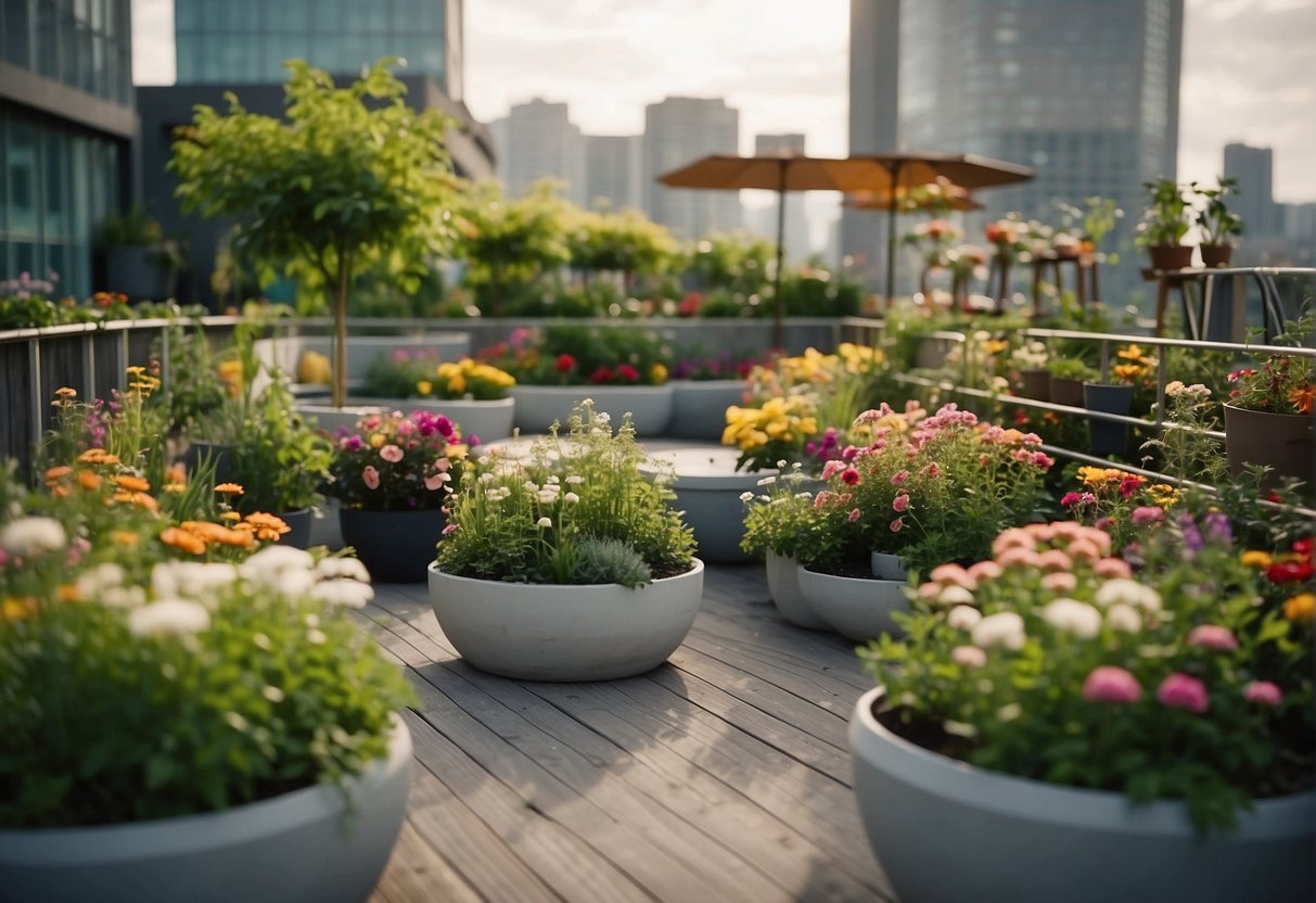 Lush green plants and colorful flowers fill the rooftop garden, arranged in neat rows and clusters. A small seating area with cozy furniture provides a place to relax and enjoy the stunning city views