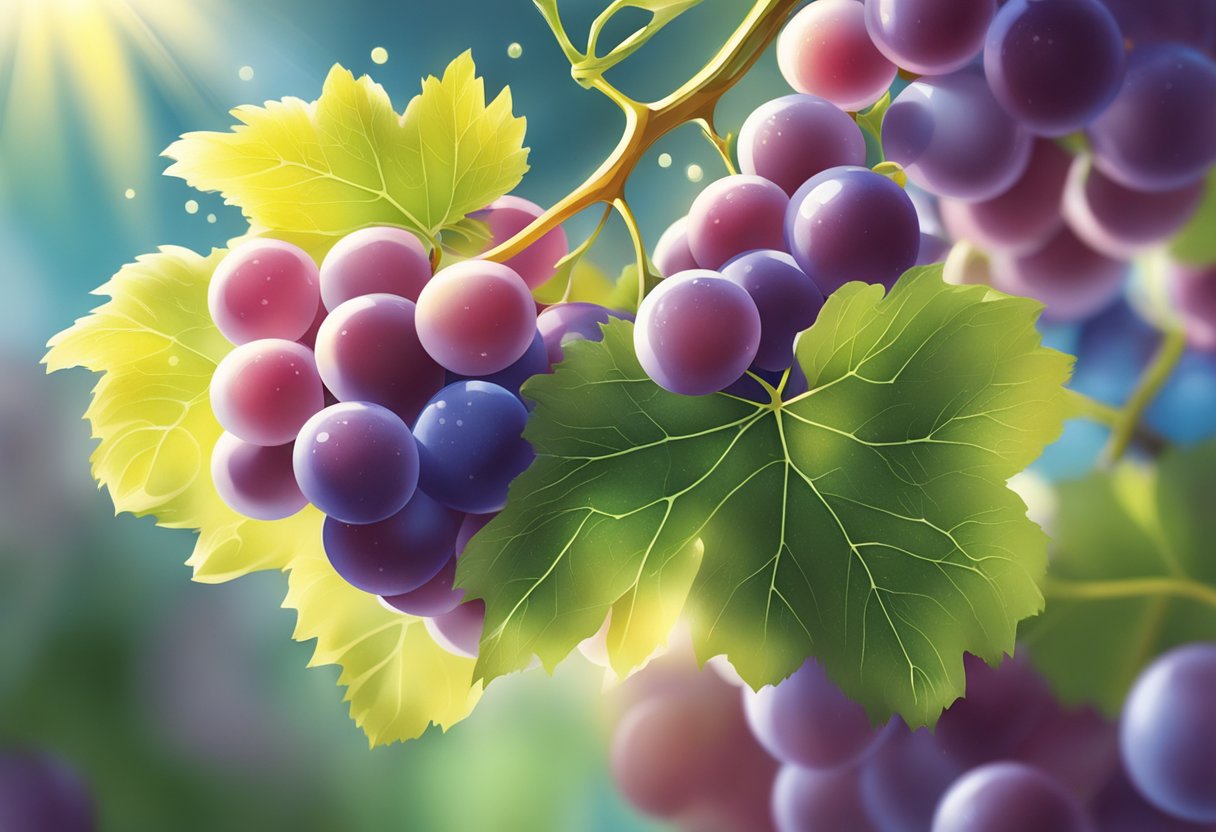 Juicy grapes covered in white fuzz glisten in the sunlight