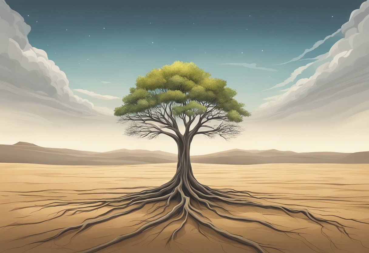 A lone tree stands tall in a barren landscape, its roots firmly planted in the ground. Its branches are few but strong, symbolizing the concept of financial wisdom: 