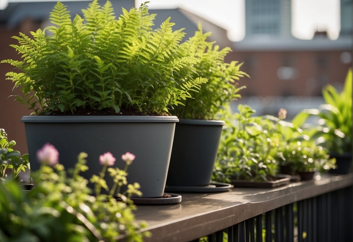 Lush greenery and potted plants line the edges of a rooftop garden, with safety railings and non-slip flooring in place
