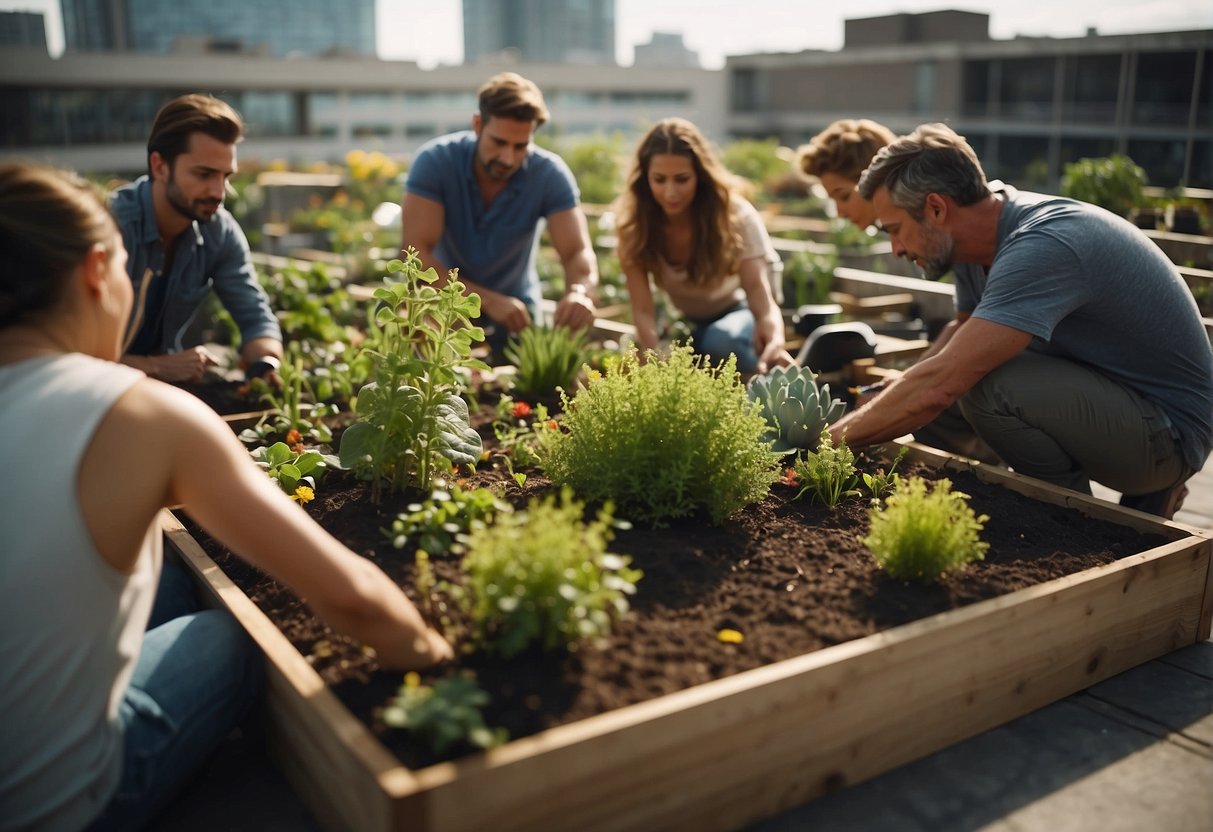 A group of people build a rooftop garden