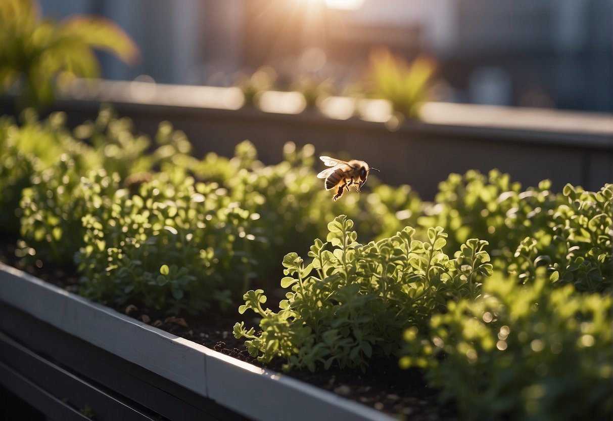 A rooftop garden thrives with lush greenery, attracting bees and birds. It reduces air pollution and provides insulation, lowering energy costs