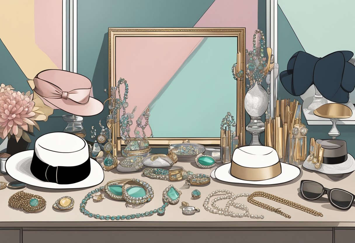 A table with hats, gloves, and jewelry laid out for selection. A mirror reflects the array of accessories