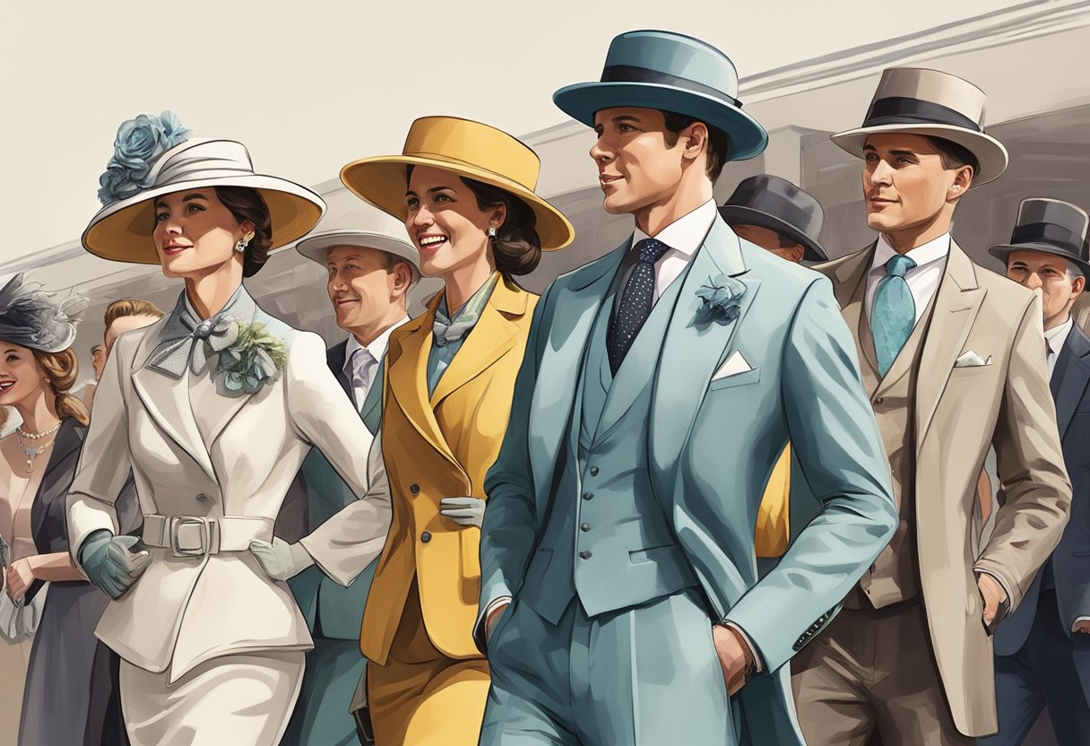 A group of elegantly dressed people arrive at the Grand National, wearing stylish hats and suits, with the excitement of the event palpable in the air