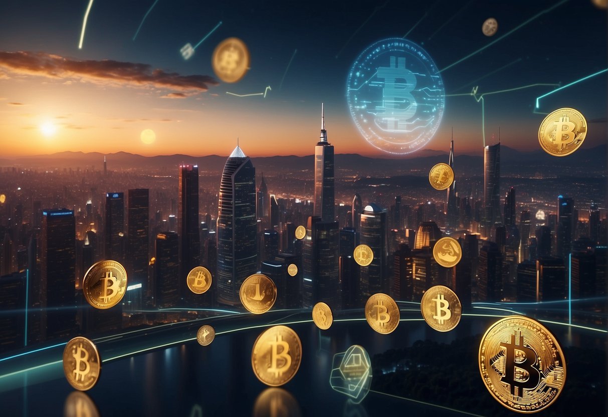 A futuristic city skyline with digital currency symbols projected in the sky, while people use cryptocurrency to make purchases at shops and cafes