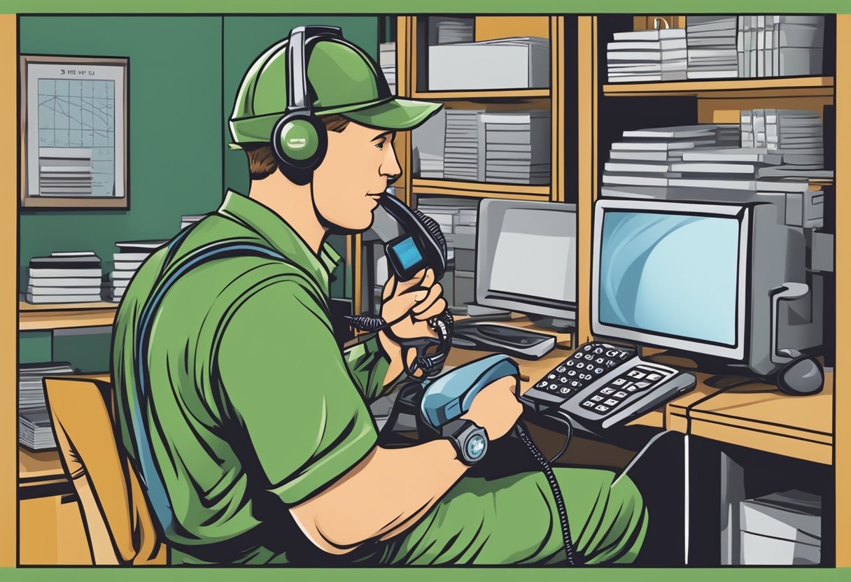 A pest control technician answering a ringing phone with pest control logos and phone numbers displayed prominently