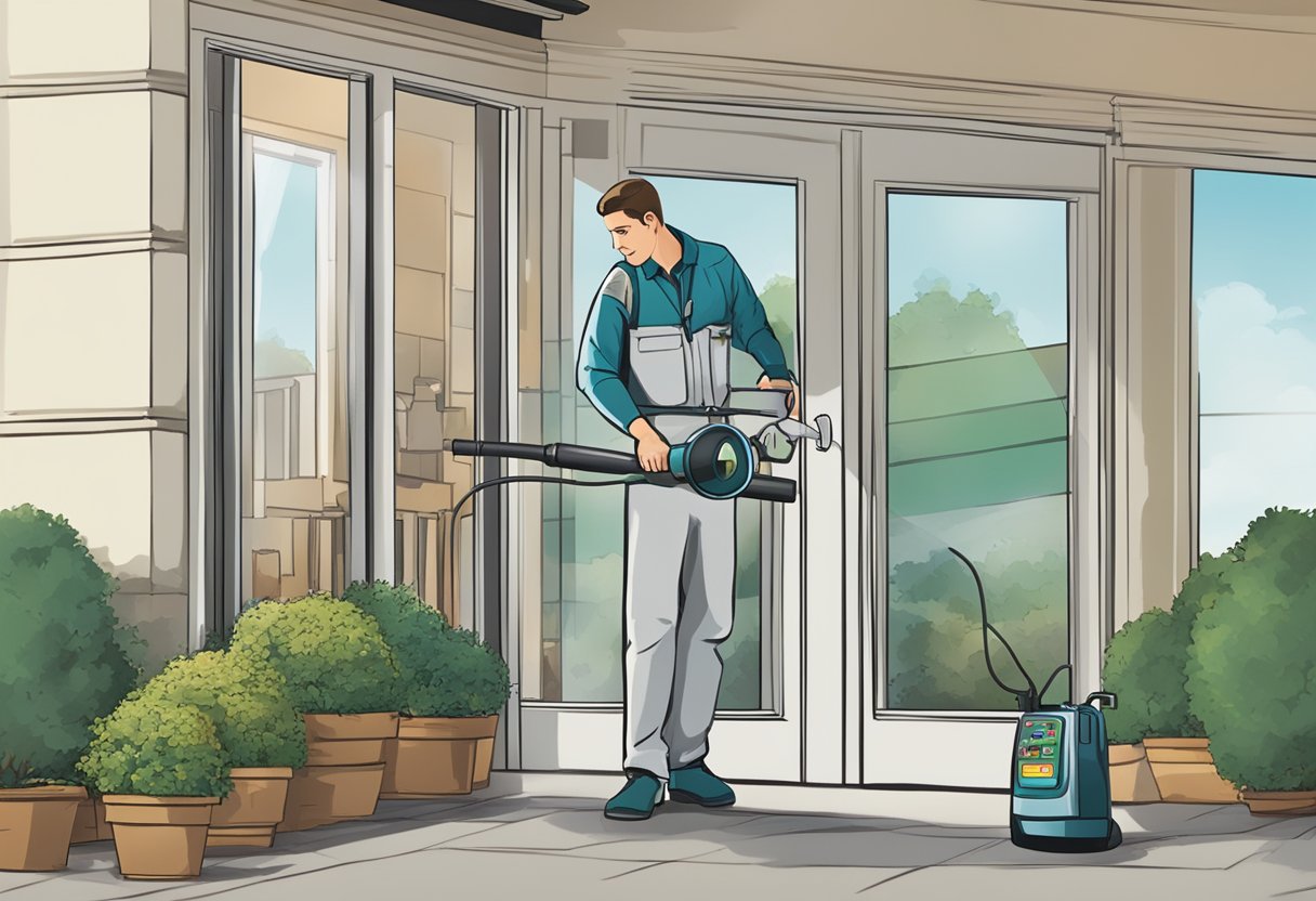 A pest control technician spraying a perimeter, with a phone displaying "pay per call leads advantages" in the foreground