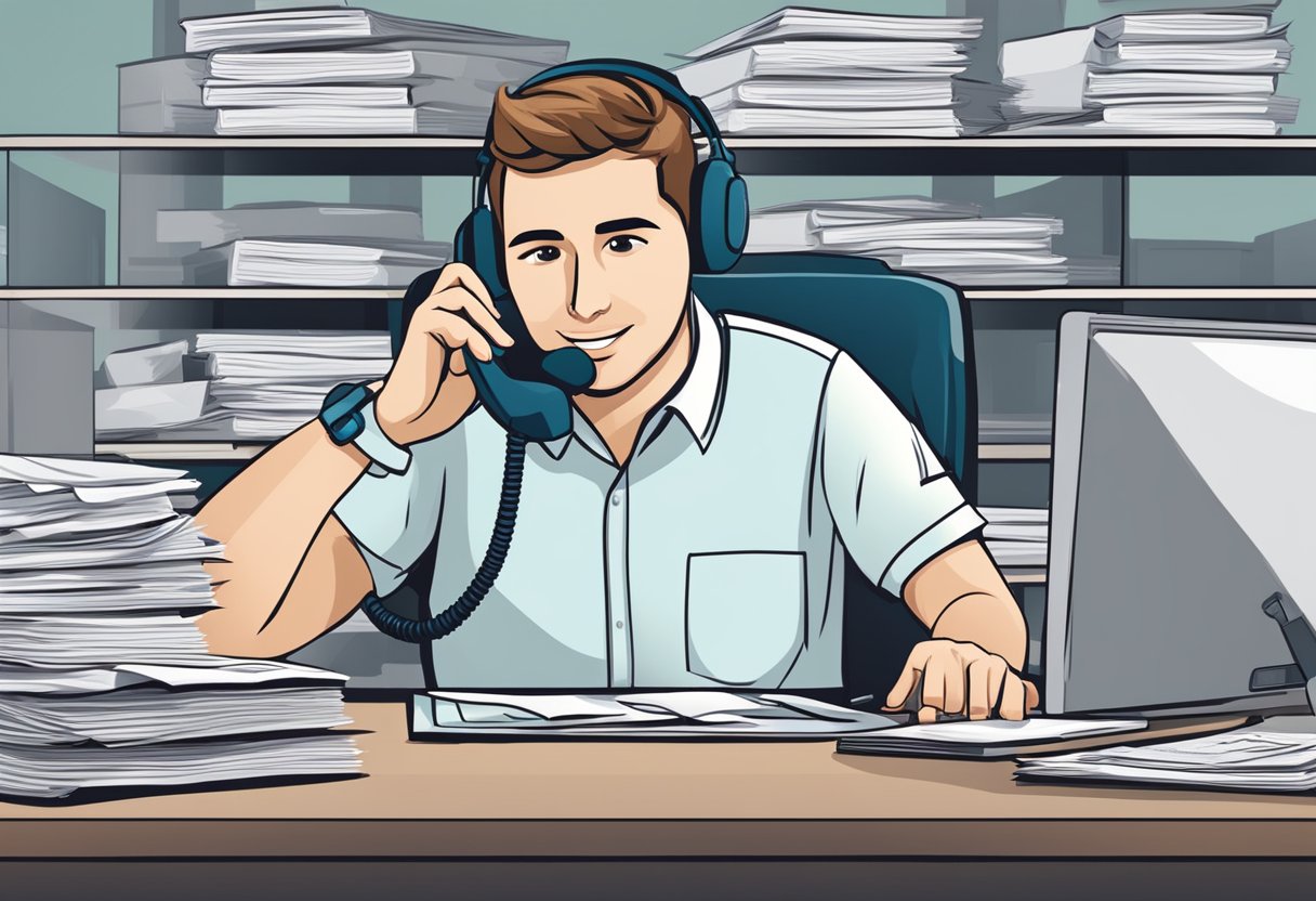 A pest control technician answering phone calls, surrounded by a stack of frequently asked questions papers and a computer displaying pay per call lead advantages