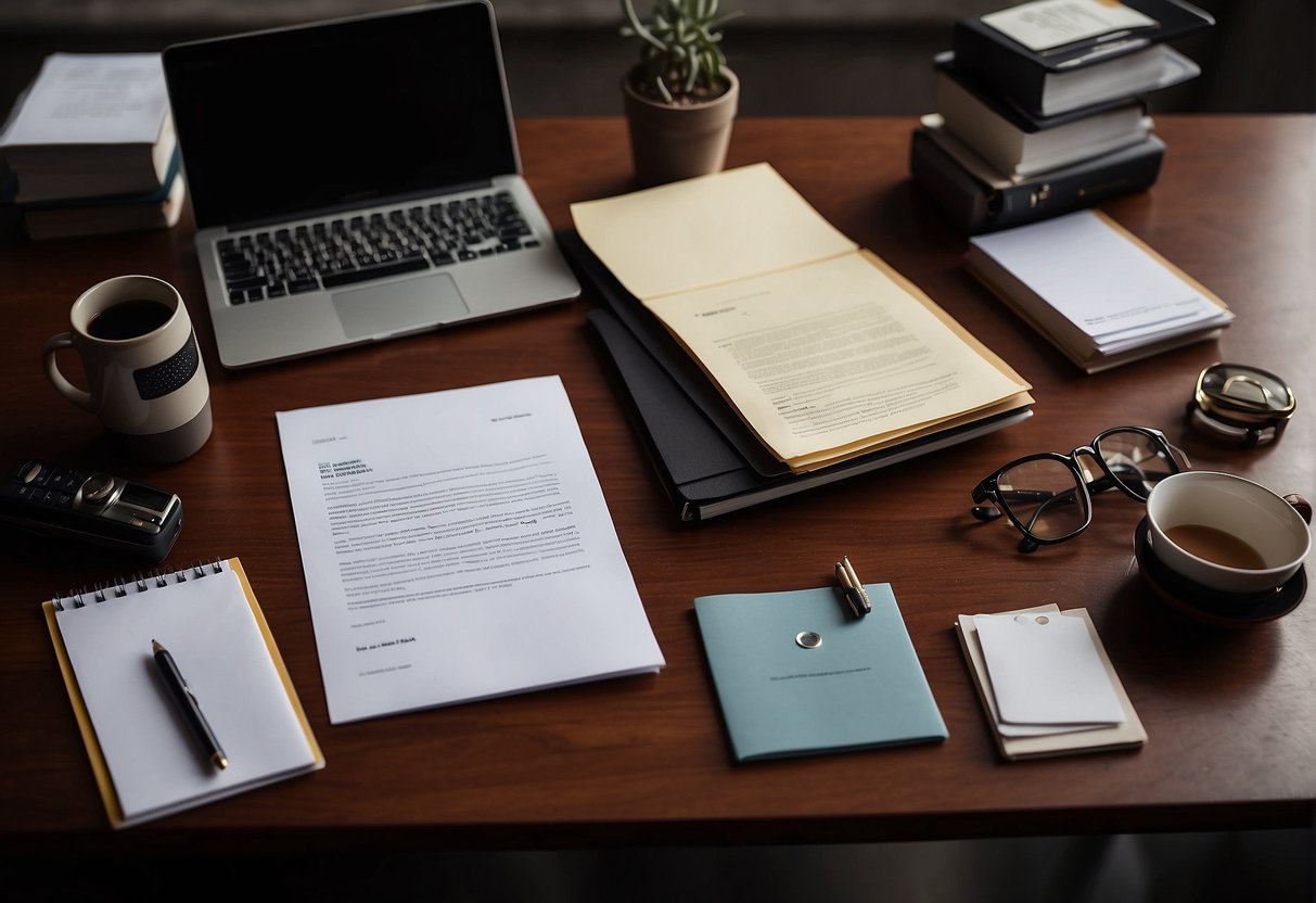 A person's desk with two sets of neatly organized work materials, a resignation letter, and a new job offer letter