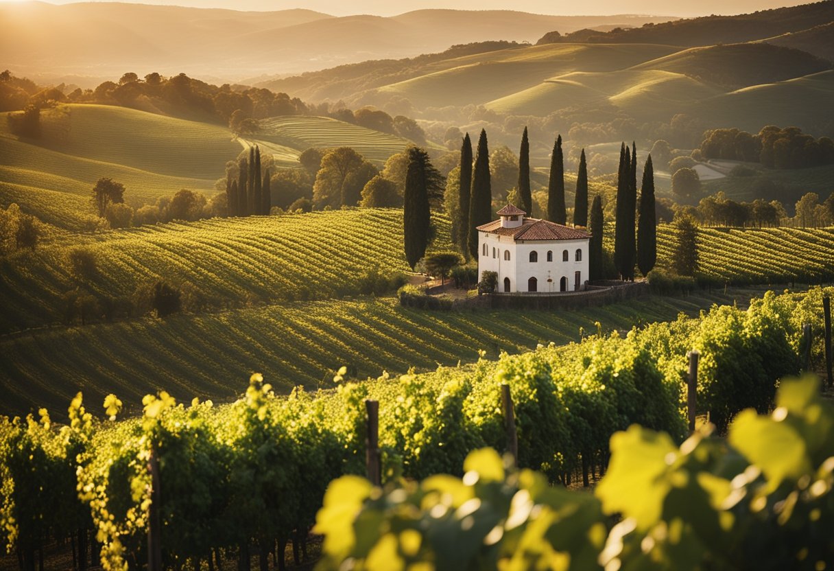 Lush vineyards stretch across rolling hills, leading to a grand winery with a rustic charm. A golden sun sets behind the winery, casting a warm glow over the picturesque scene