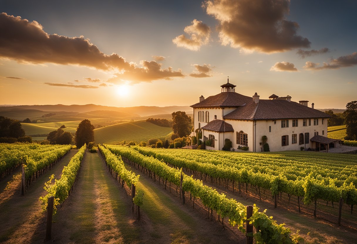 The sun sets over the rolling vineyards, casting a warm glow on the historic winery building. A sense of tradition and craftsmanship is palpable in the air, as the rich history of the Weston and Pirtle Winery is evident in every