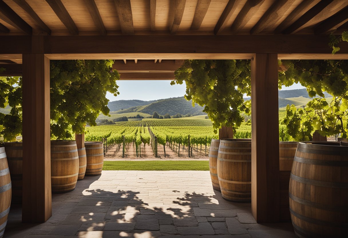 A sunny day at the winery, with rows of lush grapevines stretching into the distance. A rustic stone building with a welcoming tasting room overlooks the scenic vineyard