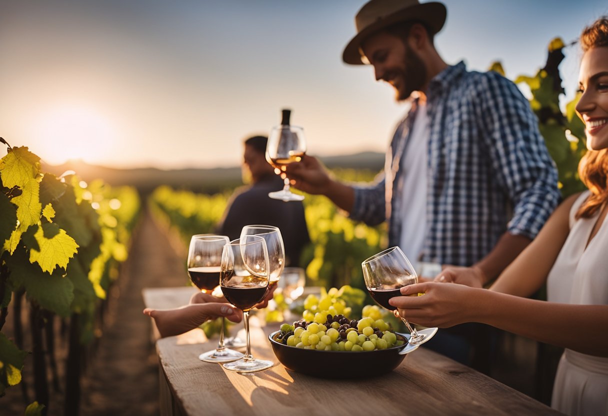 The sun sets over a lively winery event, with guests enjoying wine, food, and live music in the beautiful vineyard setting