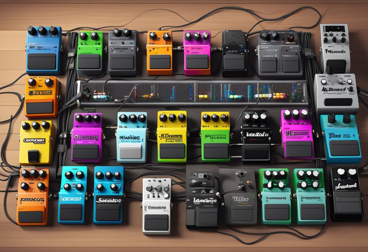 A pedalboard with various compression pedals lined up, surrounded by cables and other guitar effects