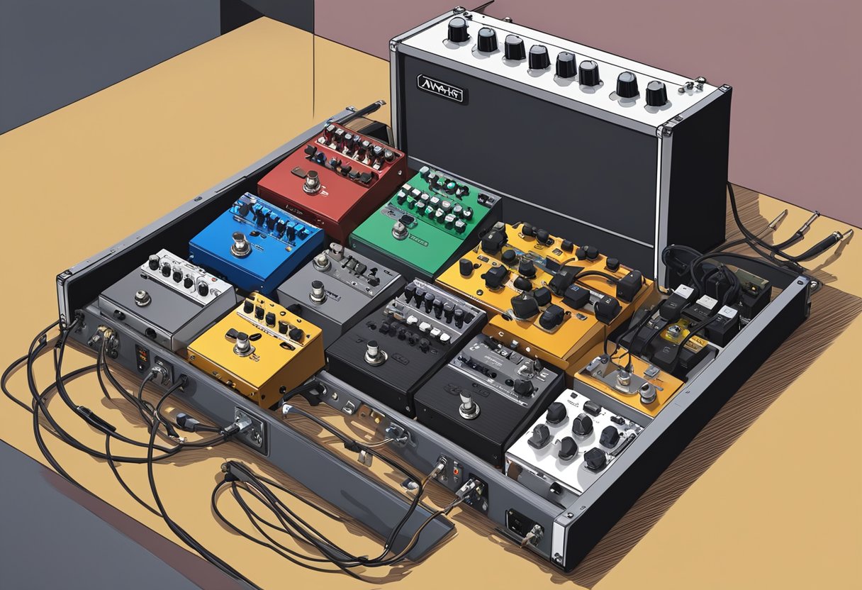 A pedalboard with various compression pedals arranged neatly, surrounded by cables and a guitar amplifier