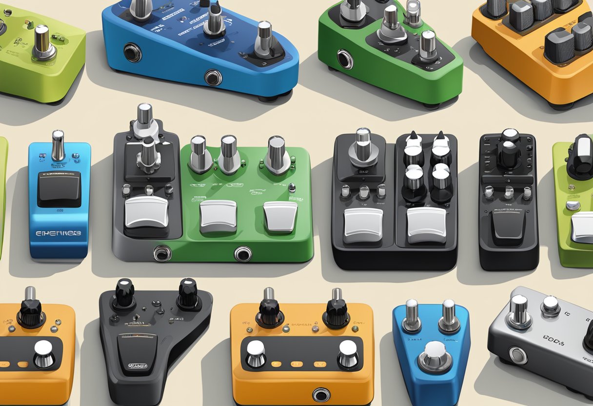 A variety of compression pedals arranged in a row, with different sizes, shapes, and colors. Each pedal has knobs and switches for adjusting the compression settings