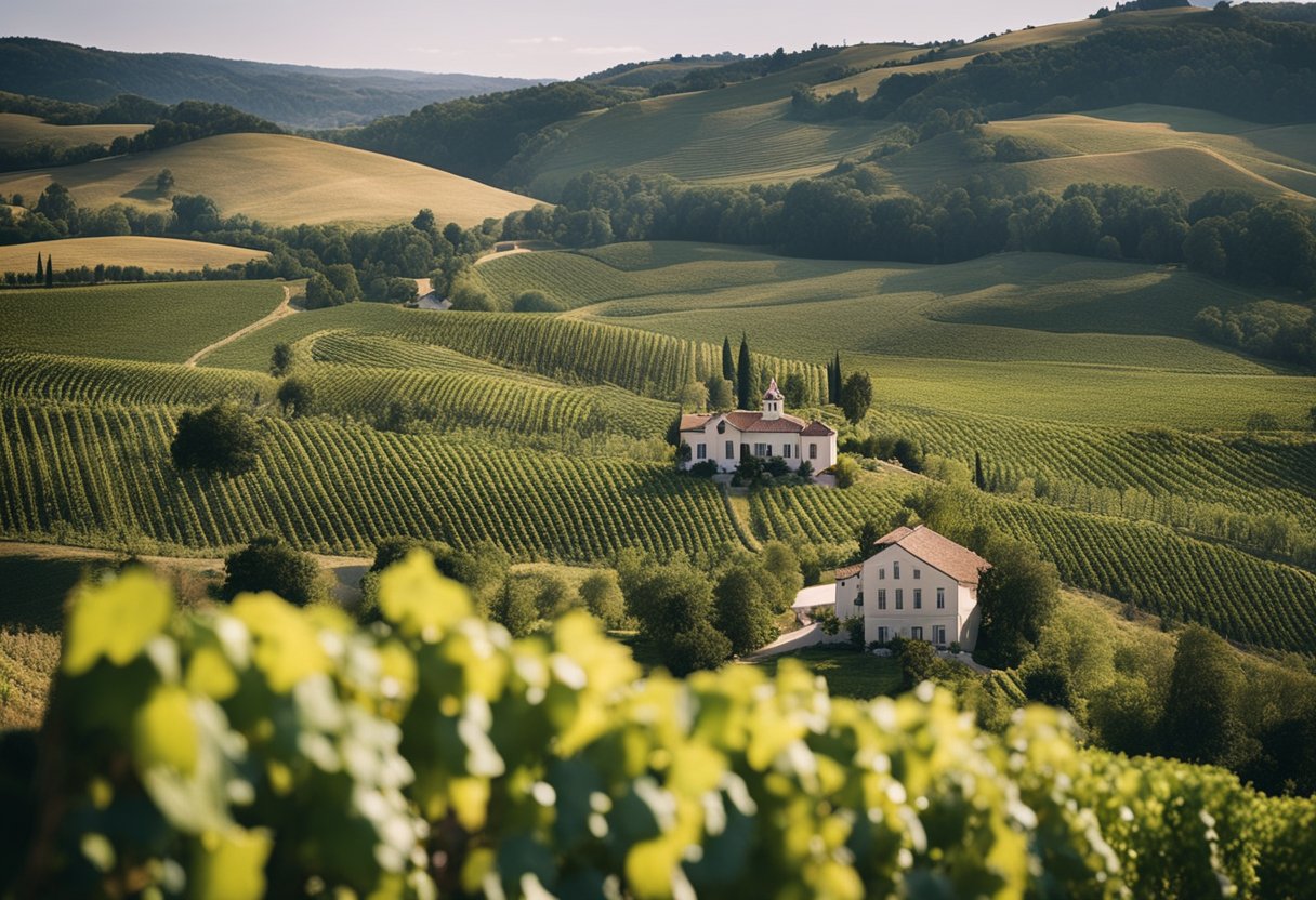 A picturesque vineyard with rolling hills, lush grapevines, and a charming winery building nestled in the countryside