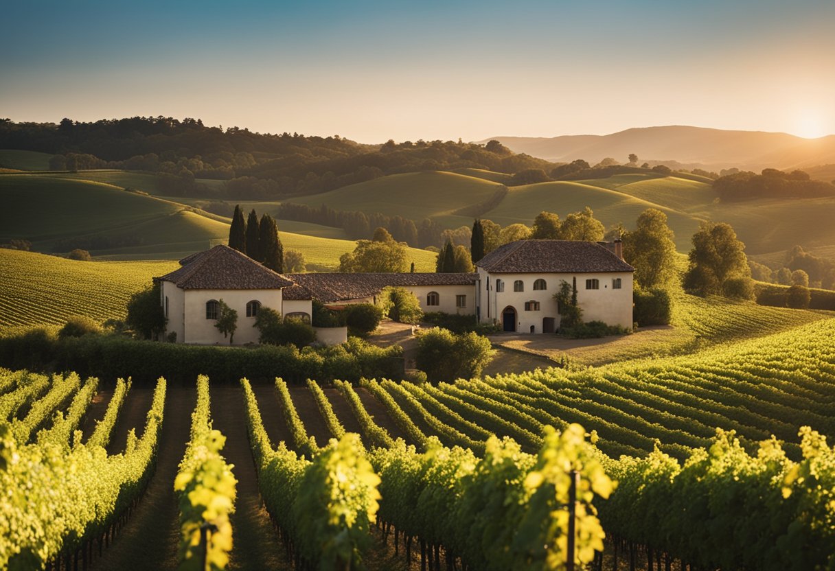 A picturesque vineyard with rolling hills, lush green vines, and a charming winery building nestled among the grapevines. The sun is setting, casting a warm glow over the scene