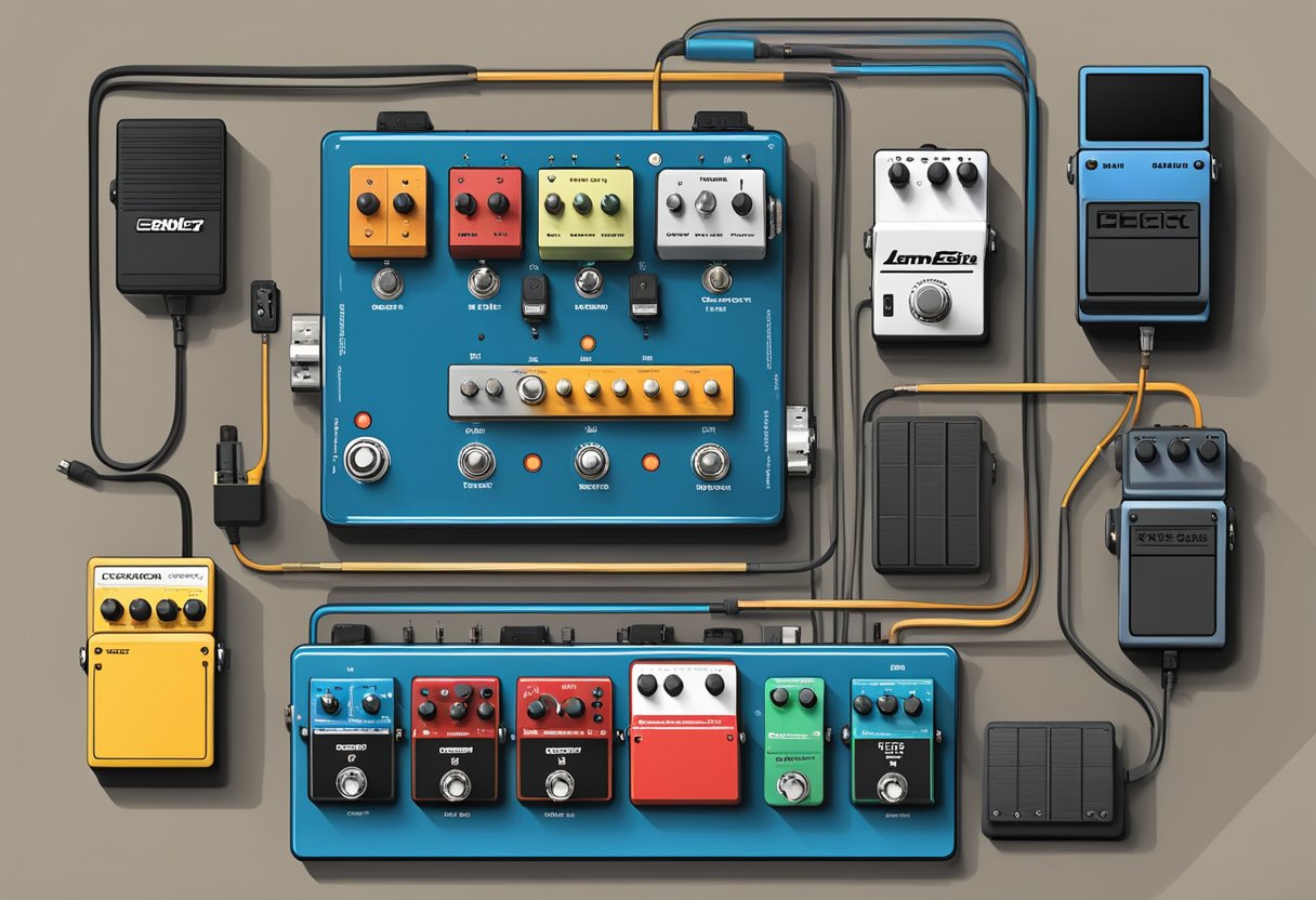 A pedalboard with various compression pedals, cables, and a guidebook open to "Integration with Other Effects."