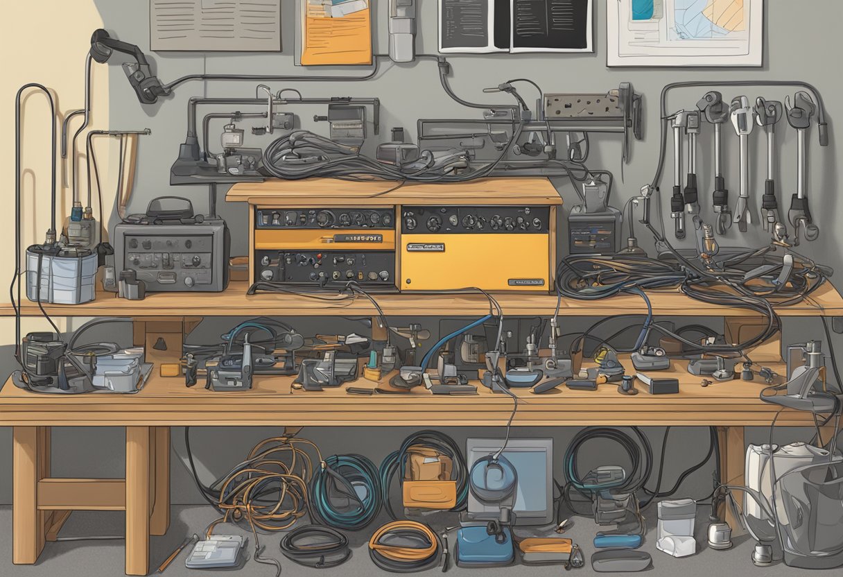 A cluttered workbench with pedals, cables, and a guidebook open to "Conclusion and Further Resources" on compression pedals