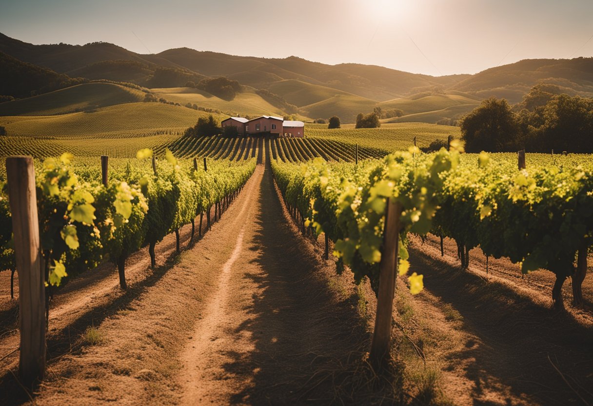 Lush vineyards stretch across rolling hills, basking in the warm glow of the setting sun. A rustic winery stands proudly amidst the rows of grapevines, inviting visitors to savor the tranquil beauty of the countryside
