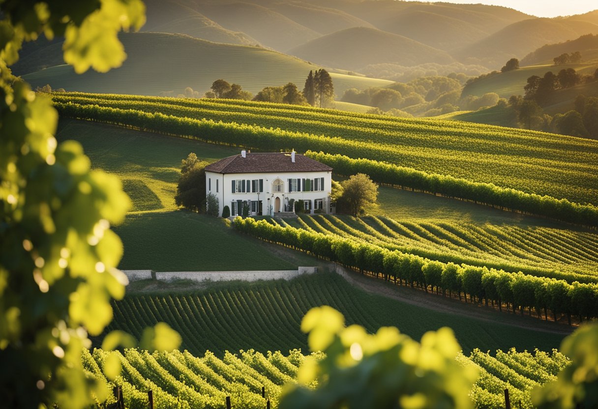 A picturesque vineyard with rolling hills, lush green grapevines, and a charming winery building nestled among the vines. The sun is setting, casting a warm glow over the scene