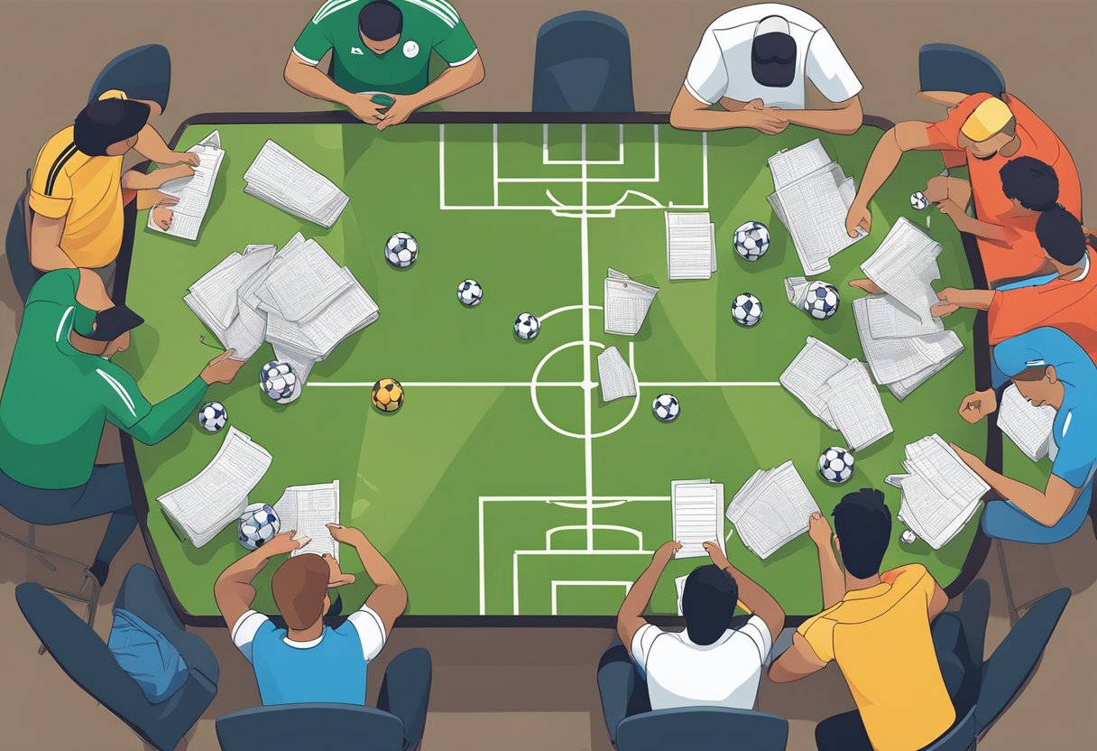 A group of soccer fans gather around a table, studying a guide to Champions League betting. Charts and statistics are spread out, as they discuss their strategies for the upcoming matches