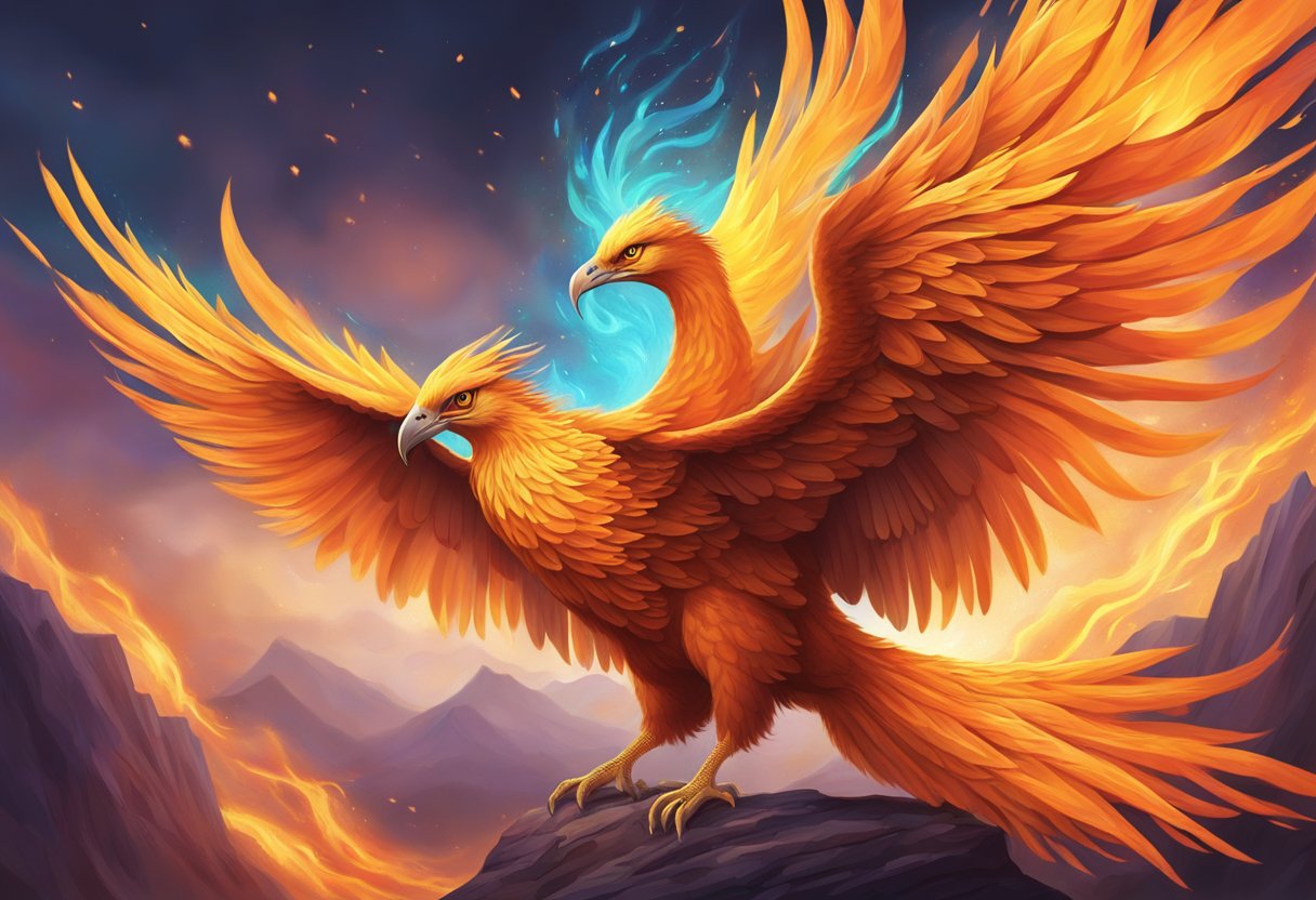 A phoenix shedding tears, surrounded by vibrant flames, with a sense of rebirth and transformation