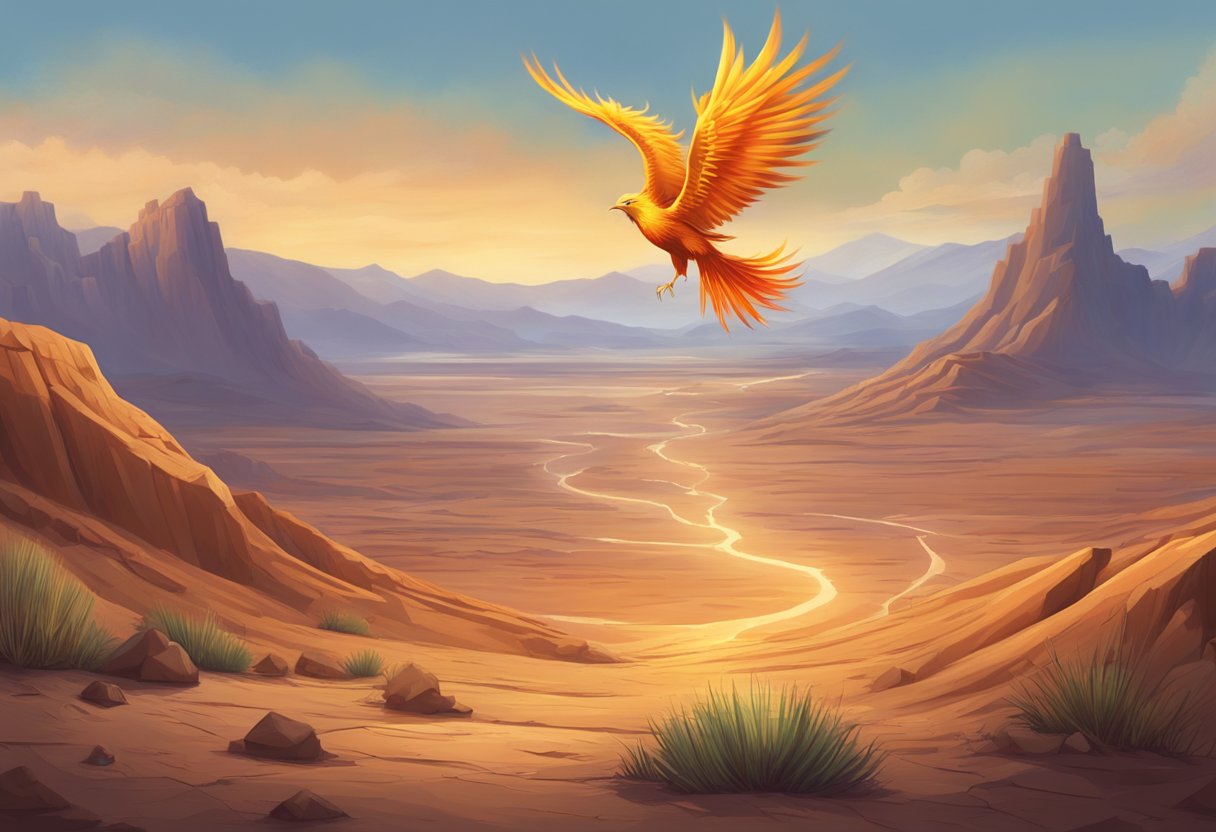 A phoenix's tears fall onto a barren land, instantly bringing life and color to the once desolate surroundings