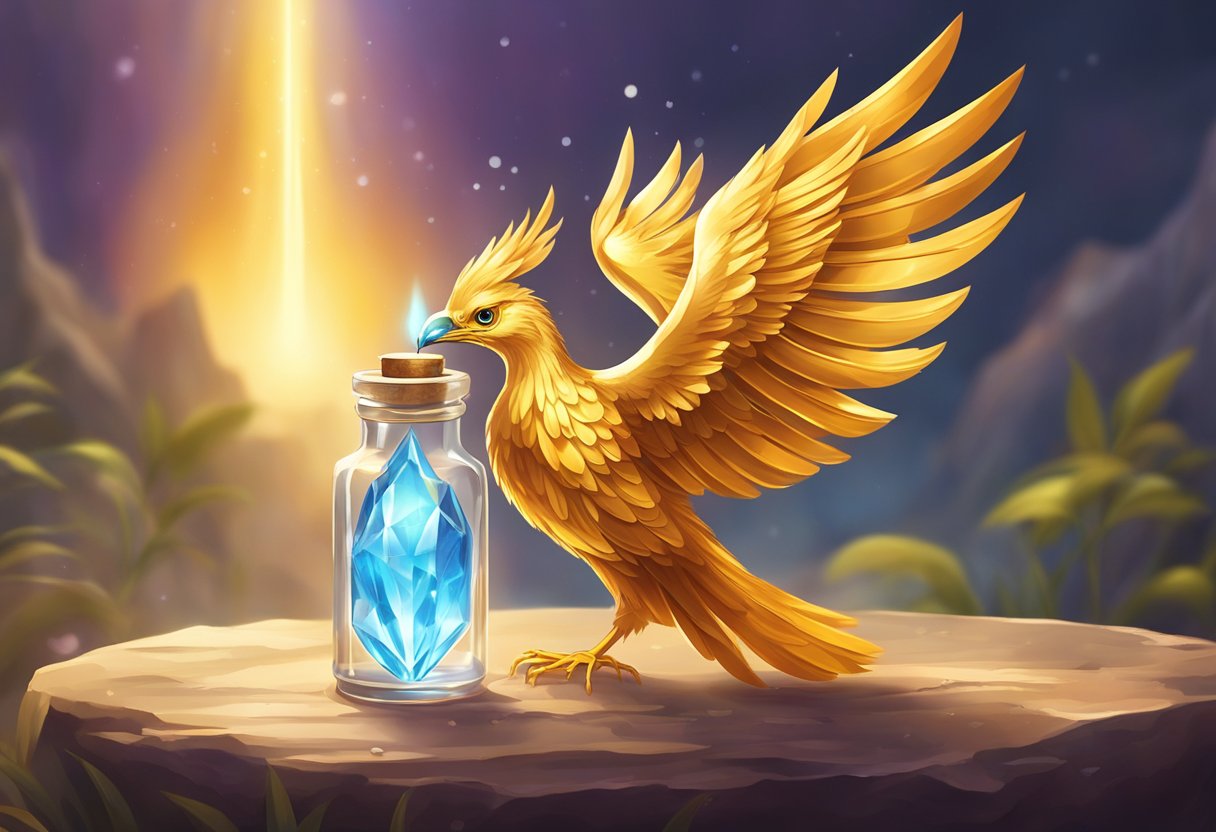 The healing properties of the phoenix tears are depicted as a glowing, golden liquid flowing from a mythical bird's eye into a crystal vial