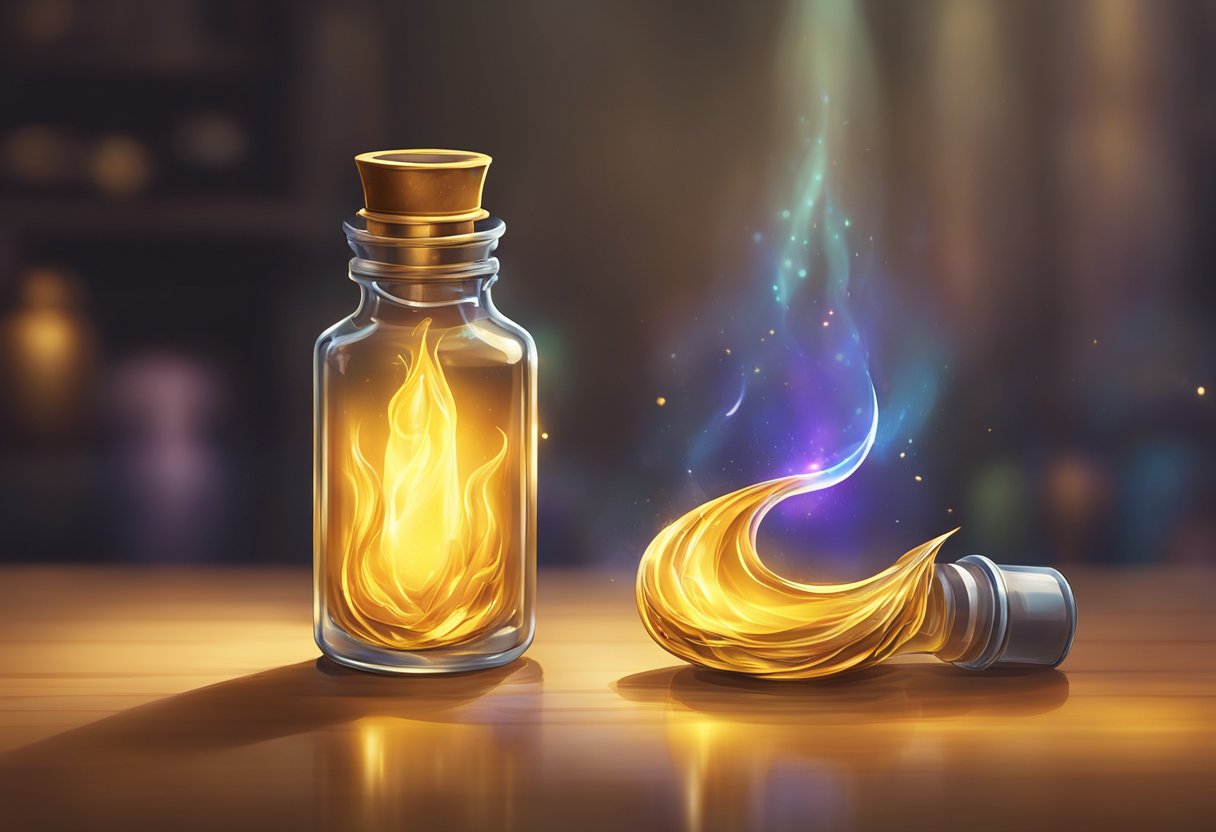 A vial of Phoenix tears sits on a table, emitting a soft, golden glow. The liquid inside appears to shimmer and swirl, giving off an aura of powerful and mysterious energy