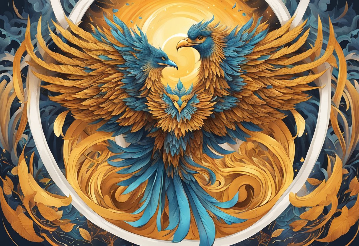 Tears of the phoenix symbolizing rebirth and renewal, surrounded by cultural and societal elements