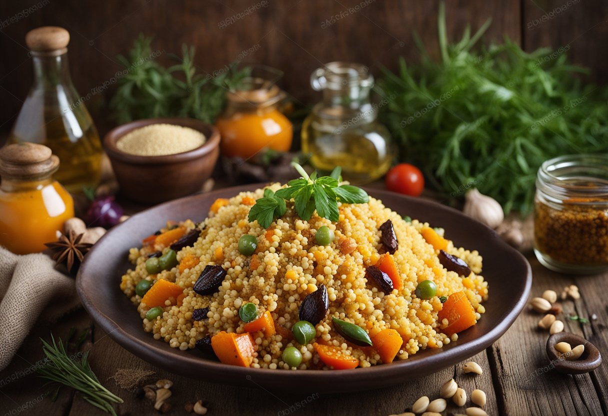 A plate of Moroccan couscous with roasted vegetables sits on a rustic wooden table, surrounded by vibrant herbs and spices