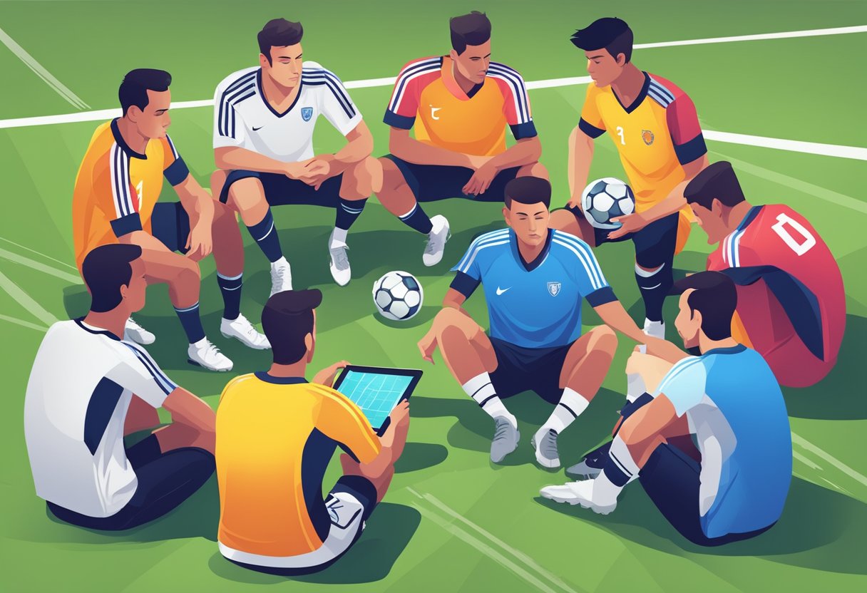 A group of soccer players strategizing on the field, with a coach analyzing statistics and performance data on a digital tablet