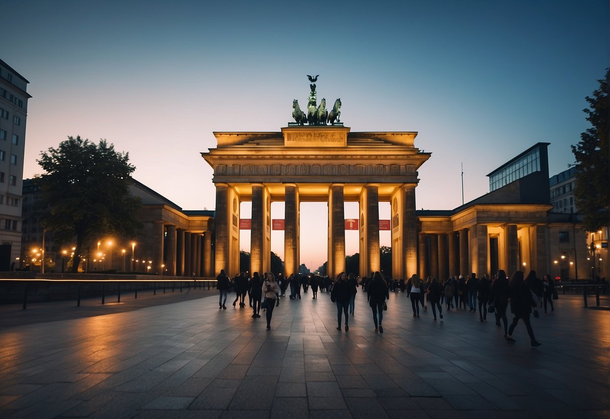 Vibrant cityscape with illuminated buildings, bustling streets, and lively nightlife venues. Iconic landmarks like the Brandenburg Gate and vibrant street art add to the cultural charm