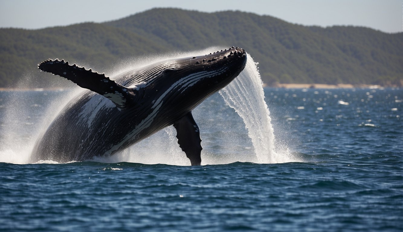 A humpback whale breaches the surface, spraying water as it leaps into the air, surrounded by a pod of dolphins off the coast of Australia