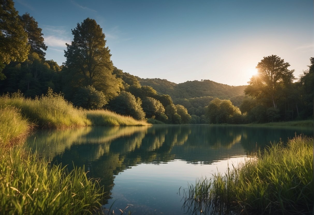 A serene landscape with a clear sky, lush greenery, and a tranquil body of water, evoking a sense of freedom and spiritual connection