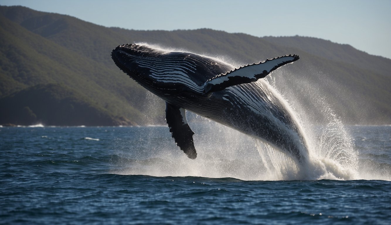 A humpback whale breaches the surface, spraying water as it leaps into the air, with a backdrop of a stunning Australian coastline