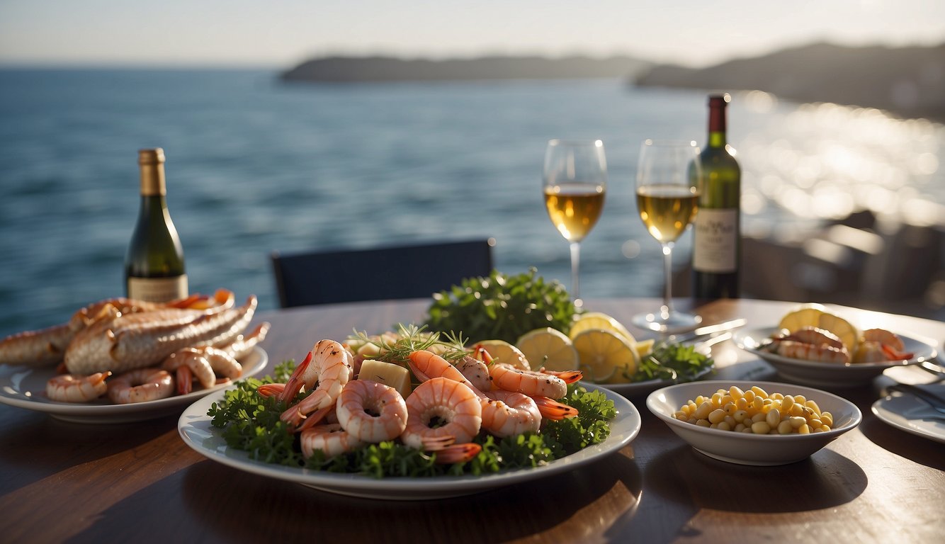 A table set with fresh seafood and wine, overlooking the ocean. A whale breaches in the distance, spouting water into the air